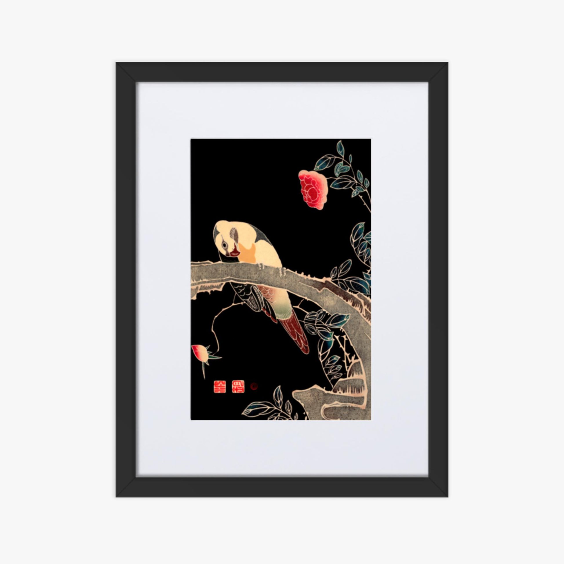 Ito Jakuchu - Parrot on the Branch of a Flowering Rose Bush 30x40 cm Poster With Black Frame