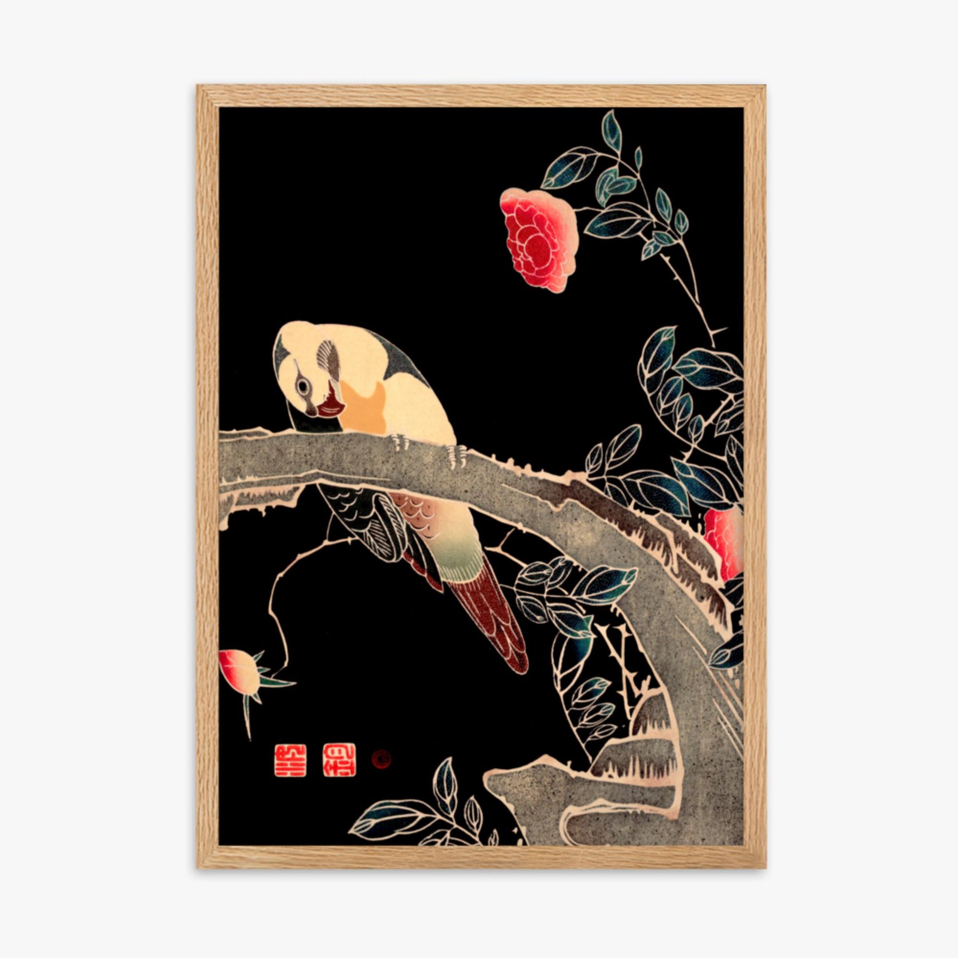 Ito Jakuchu - Parrot on the Branch of a Flowering Rose Bush 50x70 cm Poster With Oak Frame