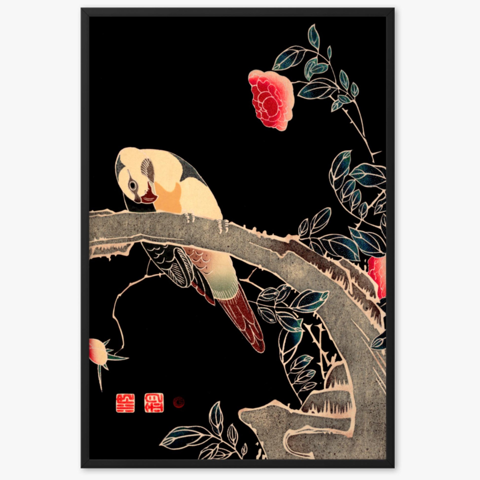 Ito Jakuchu - Parrot on the Branch of a Flowering Rose Bush 61x91 cm Poster With Black Frame