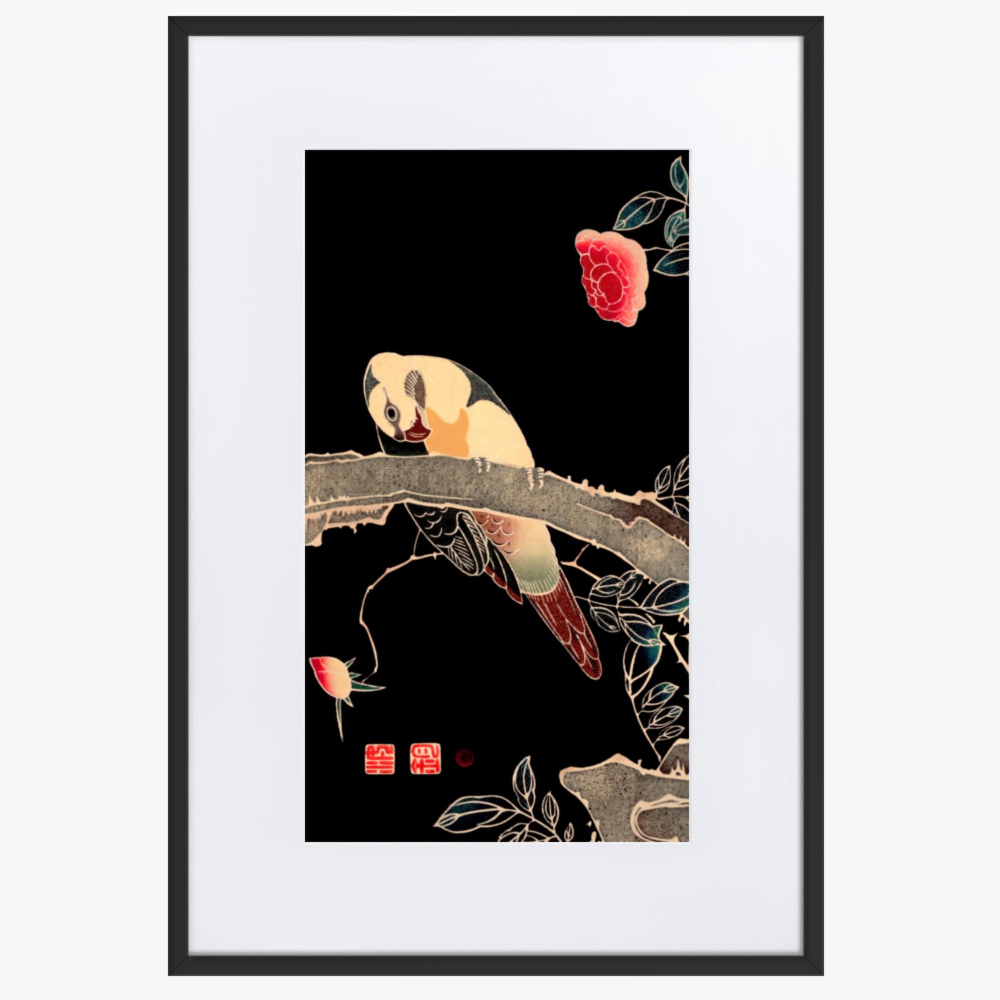 Ito Jakuchu - Parrot on the Branch of a Flowering Rose Bush 61x91 cm Poster With Black Frame