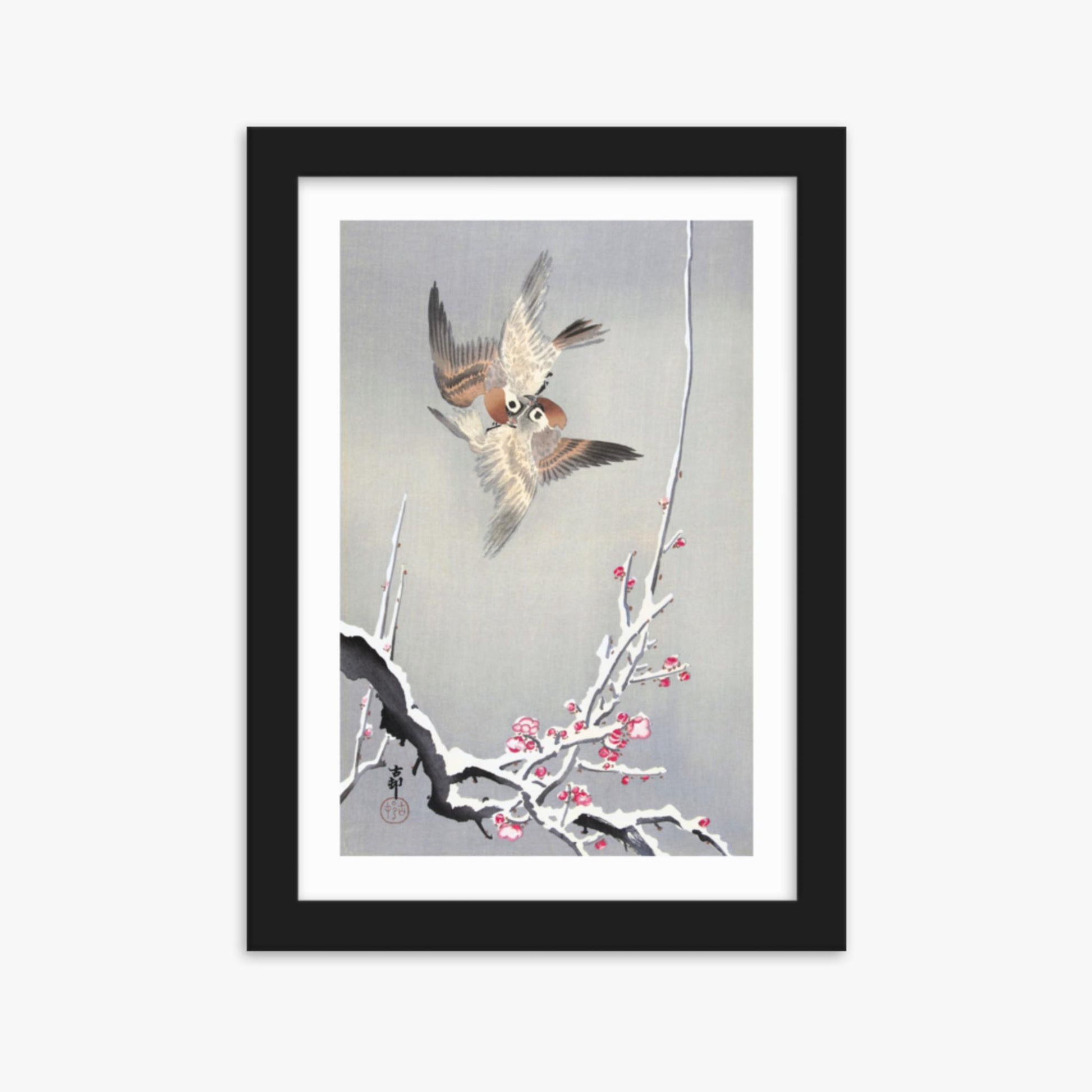 Ohara Koson - Sparrows and Snowy Plum Tree 21x30 cm Poster With Black Frame