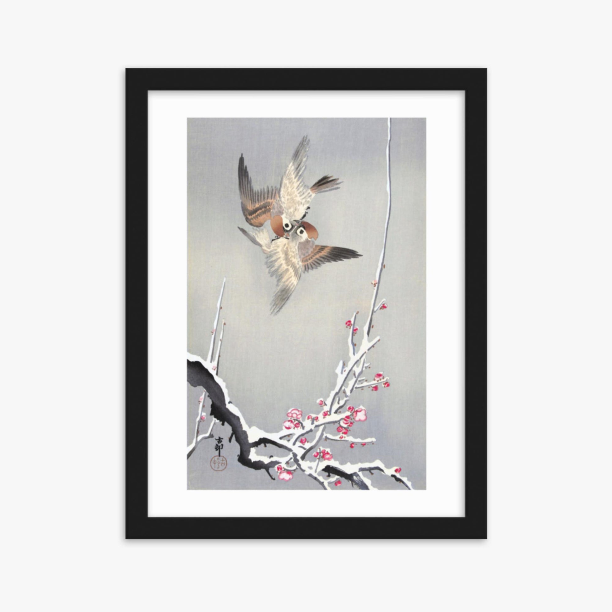 Ohara Koson - Sparrows and Snowy Plum Tree 30x40 cm Poster With Black Frame