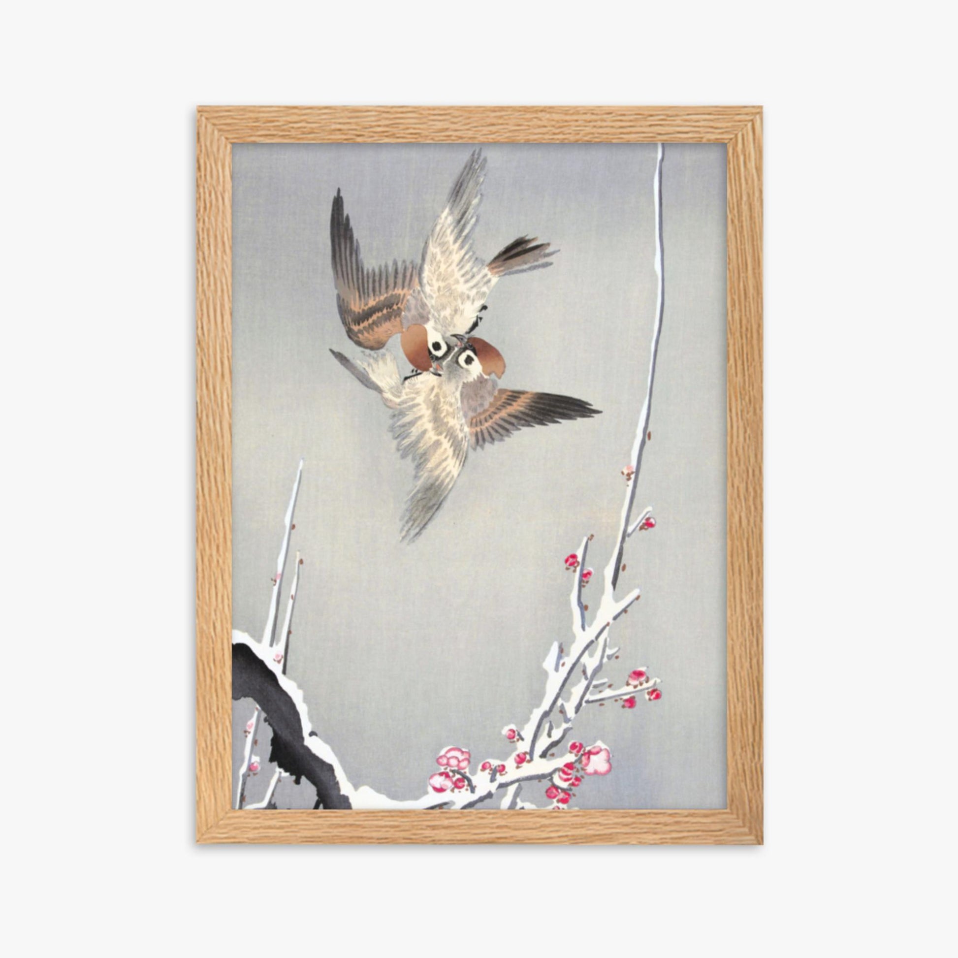 Ohara Koson - Sparrows and Snowy Plum Tree 30x40 cm Poster With Oak Frame